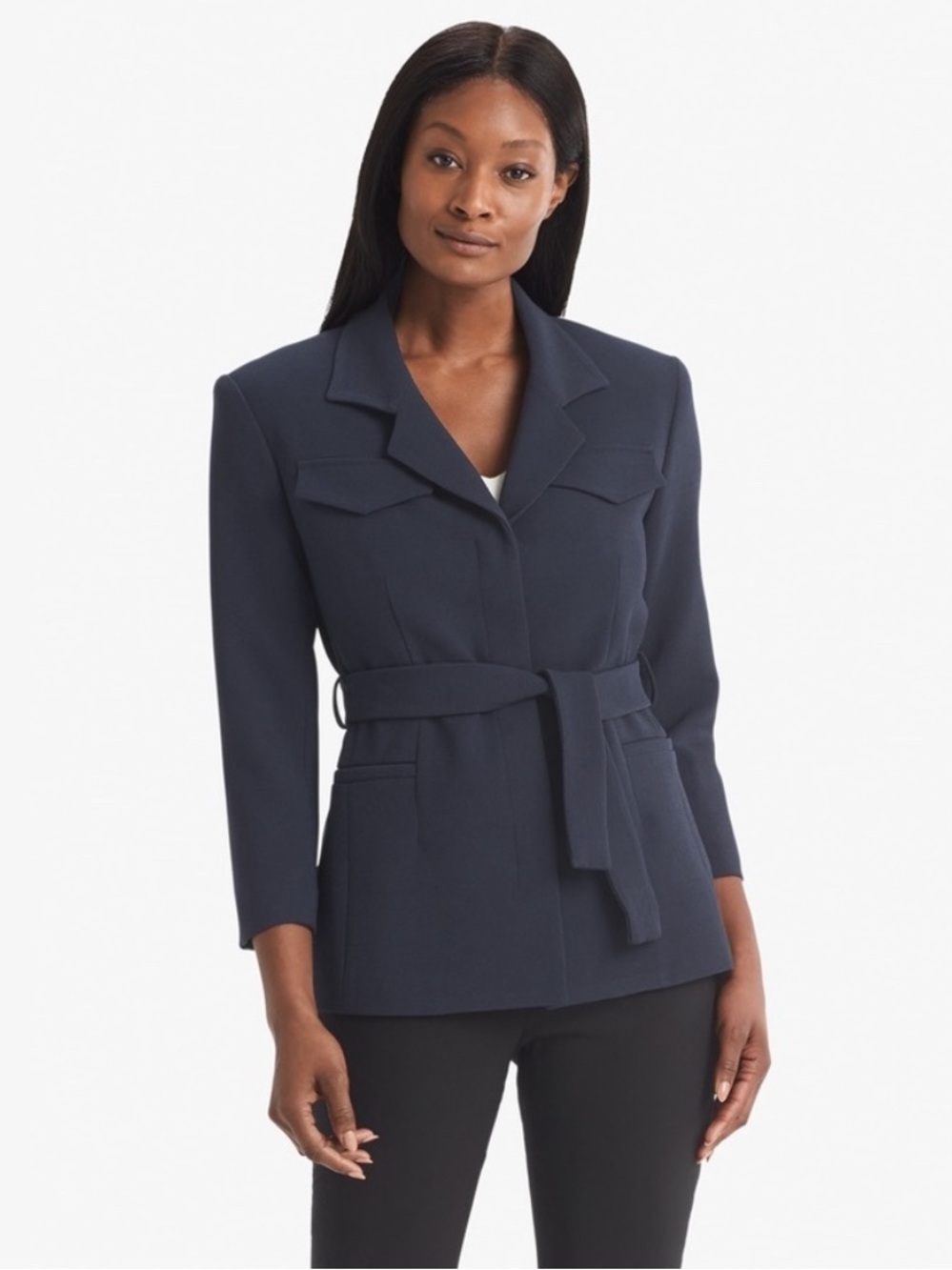 MM Lafleur Emalis Jacket Navy Suiting Career Blazer Work Wear Belted Womens 6